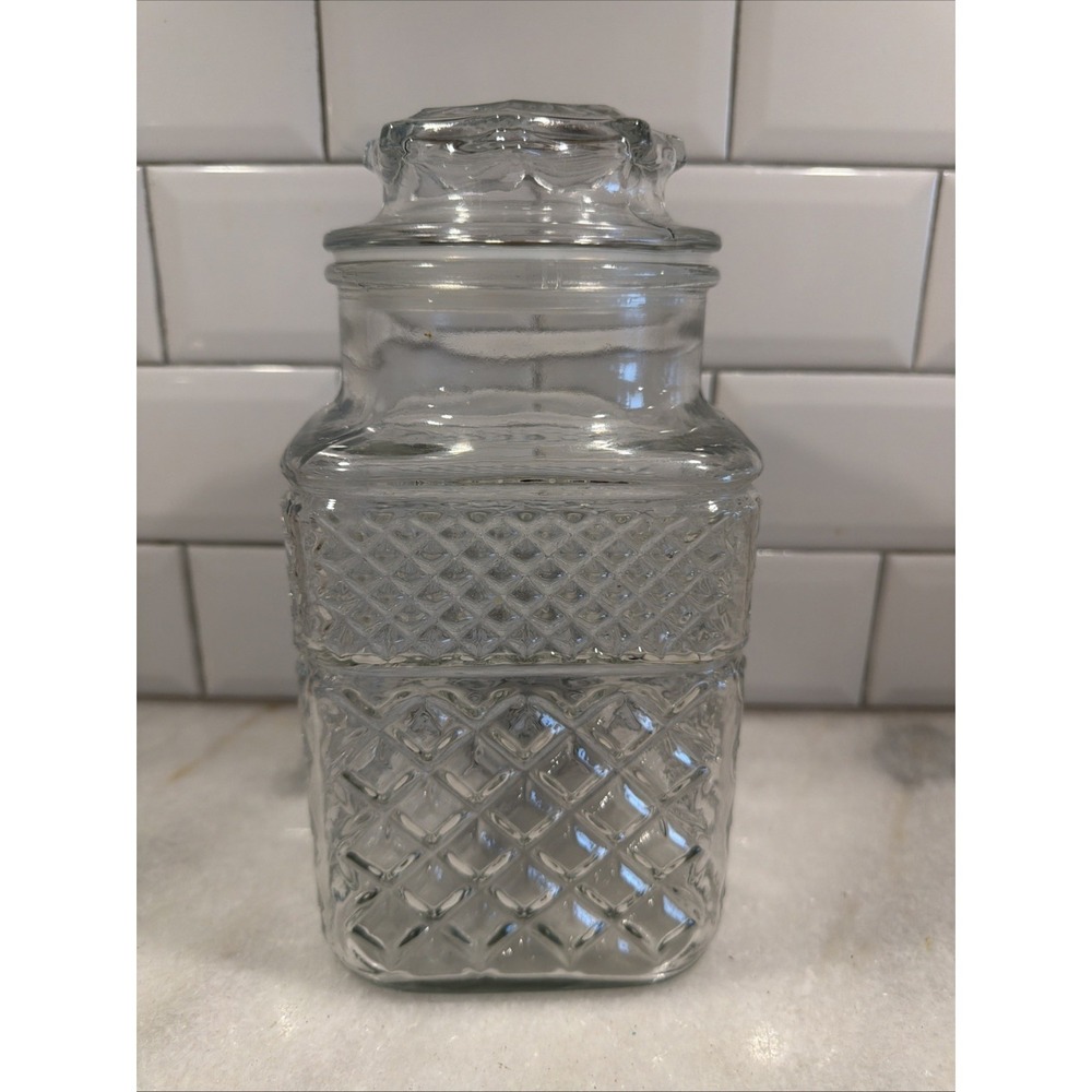 Vintage Anchor Hocking Wexford  9" clear square glass jar canister  ES002